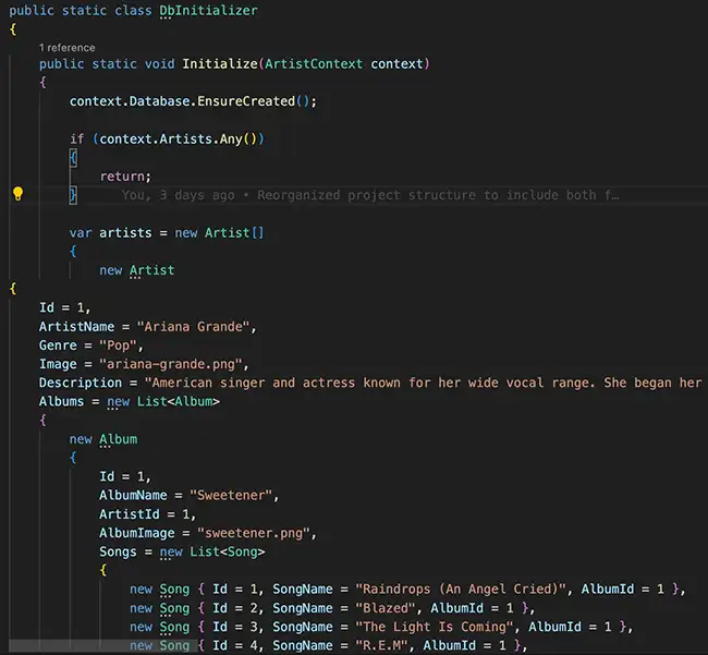 Code snippet showing the DbInitializer class